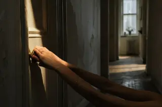 A softly lit hallway with a woman's hands on a doorknob, golden light casting shadows, evoking psychological tension.