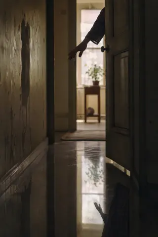 A woman's hand hovers over a half-open door in a dim, narrow hallway, morning light casting soft shadows and her silhouette reflected faintly on the polished floor.