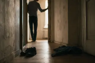 Old hallway with soft morning light, a blurred person near a doorway, abandoned shoes and a jacket in the foreground, textured walls and an intimate, contemplative mood.