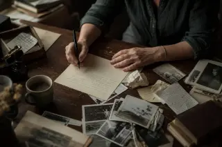A woman's hands hover over a messy desk with old photos and papers in soft morning light, captured from above, conveying a paused, introspective moment.