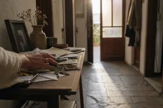 A woman's hand pausing on scattered keys and mail in a softly lit, cluttered hallway, with golden morning light coming through a half-open frosted door.