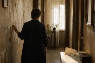 Middle-aged woman stands in a narrow, softly lit hallway, gently touching a worn wall with a letter on a table, ambiance of introspection and subtle psychological tension.