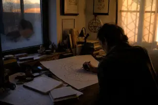 Woman seen from behind working at a cluttered desk in a softly lit study at dusk, her hand and reflection partially visible in a misted window, surrounded by books and notes, with geometric shadows on the wall.