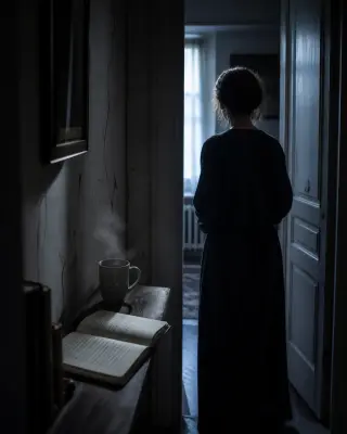 A middle-aged woman stands in the doorway of a dim hallway at dawn, her back to the viewer, bathed in soft blue light with cracks on the wall and an open notebook with coffee nearby, creating an introspective and ambiguous mood.
