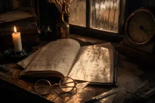 Handwritten journal with swirling notes, antique spectacles, and a flickering candle on a wooden desk, bathed in soft evening light through a textured window, shadows and reflections hinting at introspection and absence.