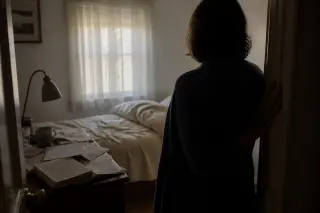 Woman partially silhouetted in a doorway at dawn, a cluttered bedroom behind her with soft light and handwritten notes on a bedside table