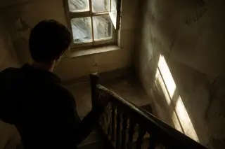 A young man seen from behind on a shadowy staircase, hand resting on a railing, pausing in filtered afternoon light with floating dust and long shadows, evoking a moment of quiet tension.