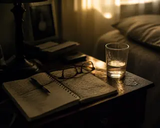 Cluttered nightstand with open notepad, reading glasses and half-full glass of water in soft dawn light, edge of bed blurred in foreground.