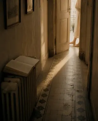 Softly lit hallway with an open book on a radiator, diffused shadows, and the lower half of a person pausing in a doorway, evoking a moment of quiet introspection.