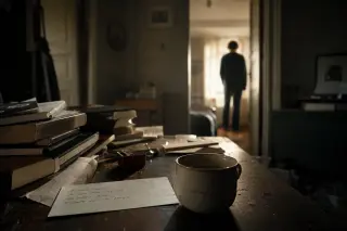 Quiet morning interior with sunlight streaming through a door; cluttered table in focus, blurred figure's back in the background, ambiance of suspense and reflection.