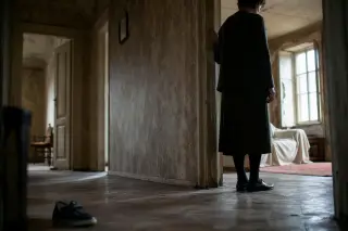 Shadowed hallway with peeling wallpaper, partial silhouette of a middle-aged woman paused in a doorway, child's shoe alone on floor, soft early light enhancing textures and atmosphere of quiet introspection.