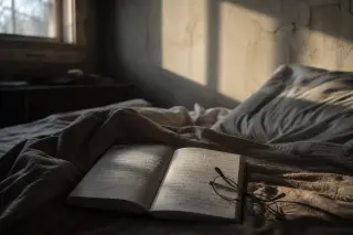 Unmade bed in soft morning light with open notebook and glasses, faint window shadow on cracked wall, traces of recent presence, subtle introspective mood.