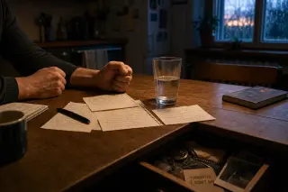 Tense adult hands on a dimly lit kitchen table at dusk, surrounded by notes and personal objects, with a window and deep shadows in a quiet home interior.